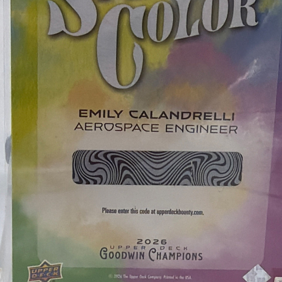 Back detail of Emily Calandrelli Splash of Color #SC-2 showing card identification and Upper Deck authentication text