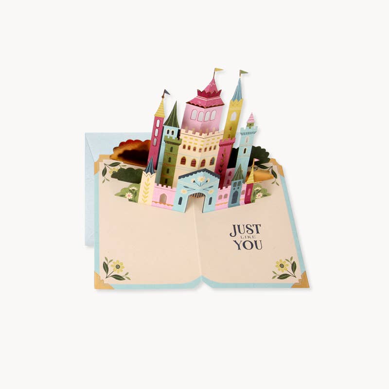 fairy tale pop-up card, storybook greeting card, castle pop-up, birthday, romantic card, keepsake card, 3D greeting card, gold foil stationery, floral envelope, artisan greeting card, handmade pop-up, Rogue and Rye stationery, Portland gift shop, collectible greeting cards, love card, fairytale stationery, paper-engineered card