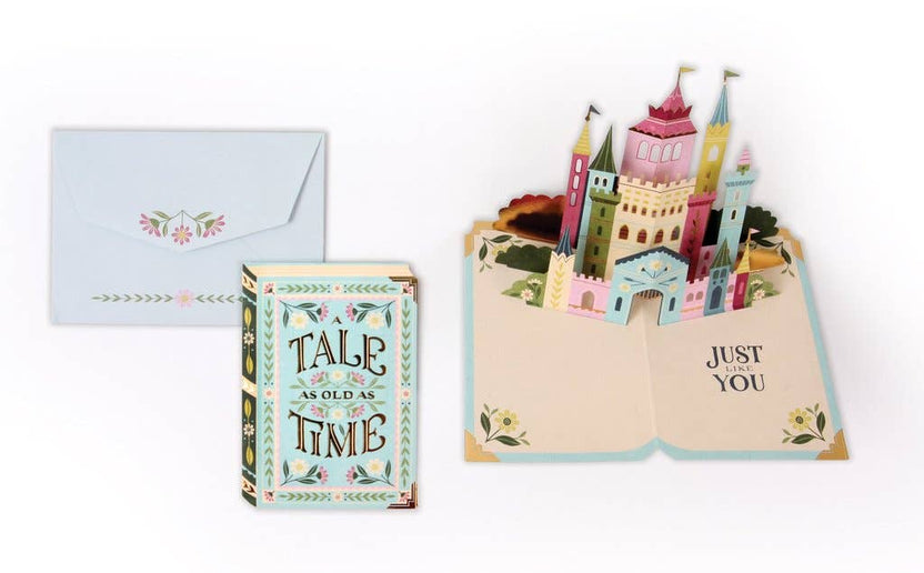 fairy tale pop-up card, storybook greeting card, castle pop-up, birthday, romantic card, keepsake card, 3D greeting card, gold foil stationery, floral envelope, artisan greeting card, handmade pop-up, Rogue and Rye stationery, Portland gift shop, collectible greeting cards, love card, fairytale stationery, paper-engineered card