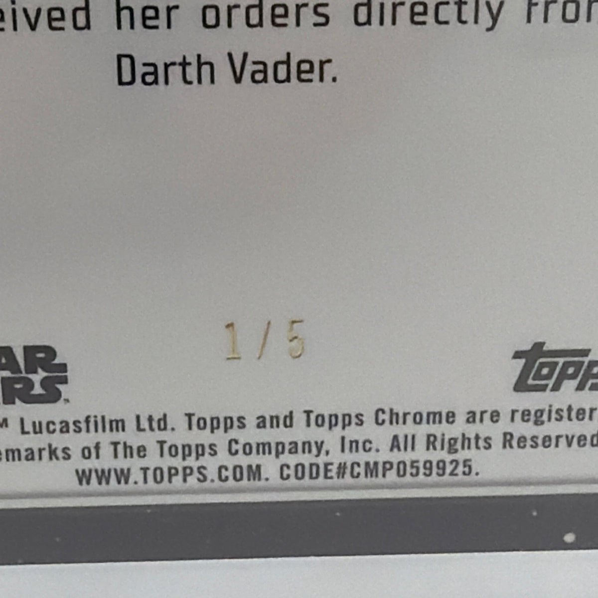 Close-up of Fifth Brother Topps Chrome Star Wars card showing serial number 1/5
