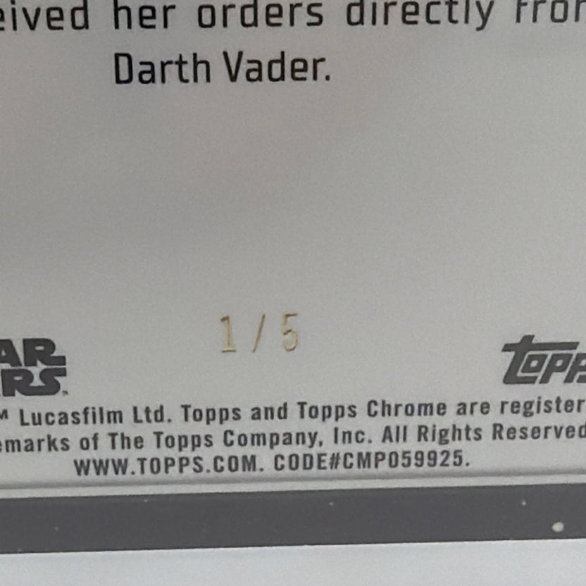 Close-up of Fifth Brother Topps Chrome Star Wars card showing serial number 1/5