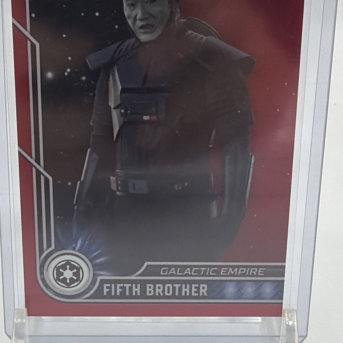 Angled front view of Fifth Brother Topps Chrome Star Wars Red Refractor numbered 1/5