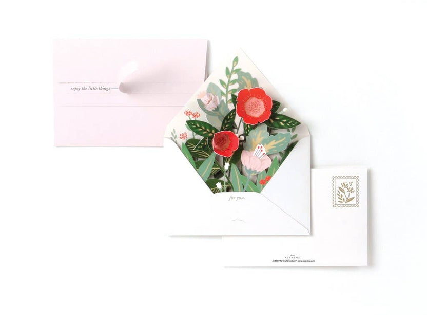 floral pop-up card, 3D greeting card, paper-engineered card, gold foil stationery, laser-cut envelope, keepsake card, artisan greeting card, handmade pop-up, floral stationery, unique gift card, Rogue and Rye stationery, Portland gift shop, letterpress-style card, collectible greeting cards, display-worthy cards