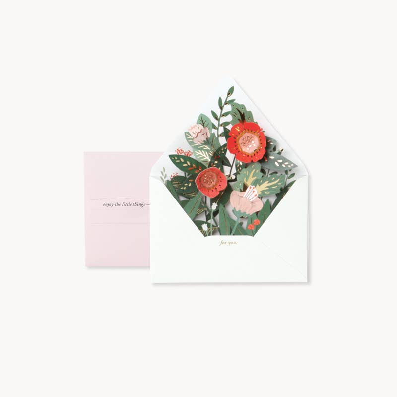floral pop-up card, 3D greeting card, paper-engineered card, gold foil stationery, laser-cut envelope, keepsake card, artisan greeting card, handmade pop-up, floral stationery, unique gift card, Rogue and Rye stationery, Portland gift shop, letterpress-style card, collectible greeting cards, display-worthy cards