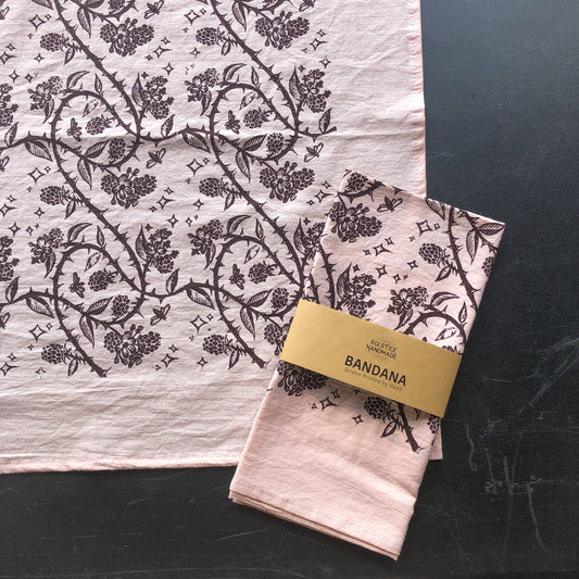 blackberry print bandana, hand printed cotton bandana, screen printed nature bandana, Solstice Handmade bandana, oversized lightweight bandana, eco friendly cotton scarf, small batch botanical textile, bramble bandana
