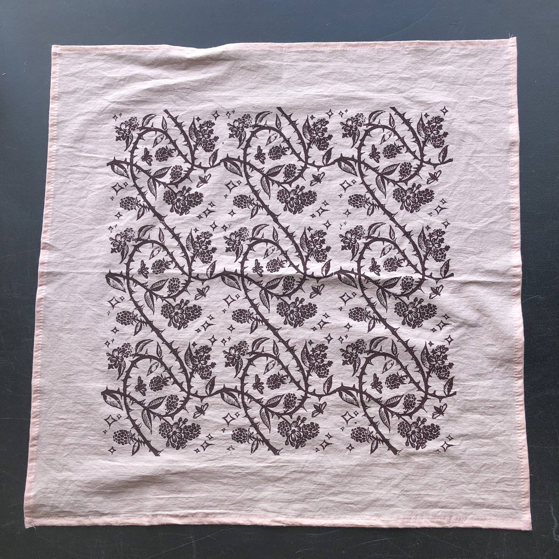 blackberry print bandana, hand printed cotton bandana, screen printed nature bandana, Solstice Handmade bandana, oversized lightweight bandana, eco friendly cotton scarf, small batch botanical textile, bramble bandana