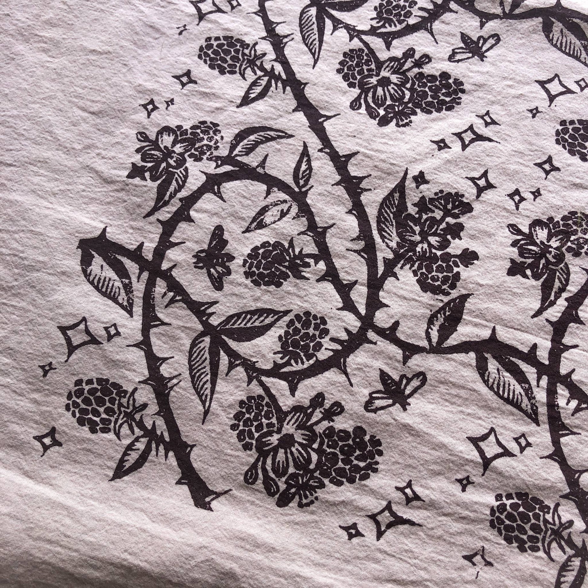 blackberry print bandana, hand printed cotton bandana, screen printed nature bandana, Solstice Handmade bandana, oversized lightweight bandana, eco friendly cotton scarf, small batch botanical textile, bramble bandana