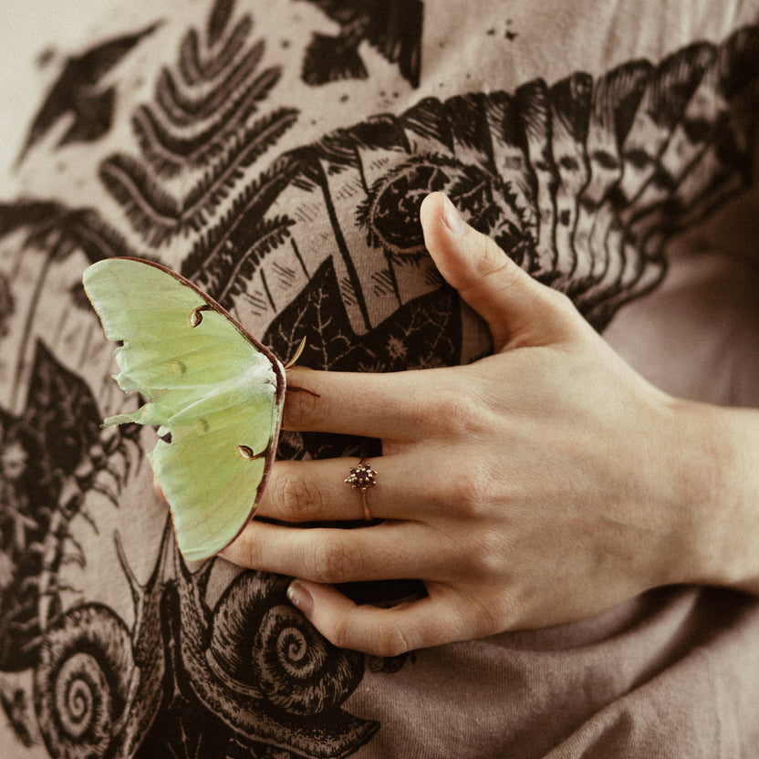 organic cotton nature shirt, insect and flora t-shirt, Solstice Handmade shirt, eco-friendly screen printed tee, unisex garden t-shirt, hand printed organic tee, secret garden shirt, small batch botanical shirt, earth tone nature tee