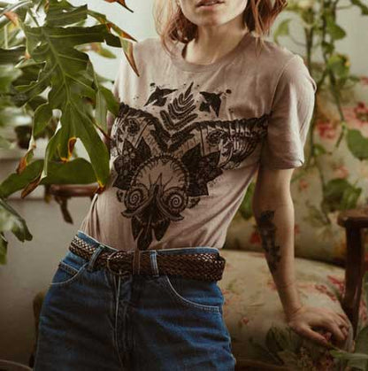 organic cotton nature shirt, insect and flora t-shirt, Solstice Handmade shirt, eco-friendly screen printed tee, unisex garden t-shirt, hand printed organic tee, secret garden shirt, small batch botanical shirt, earth tone nature tee