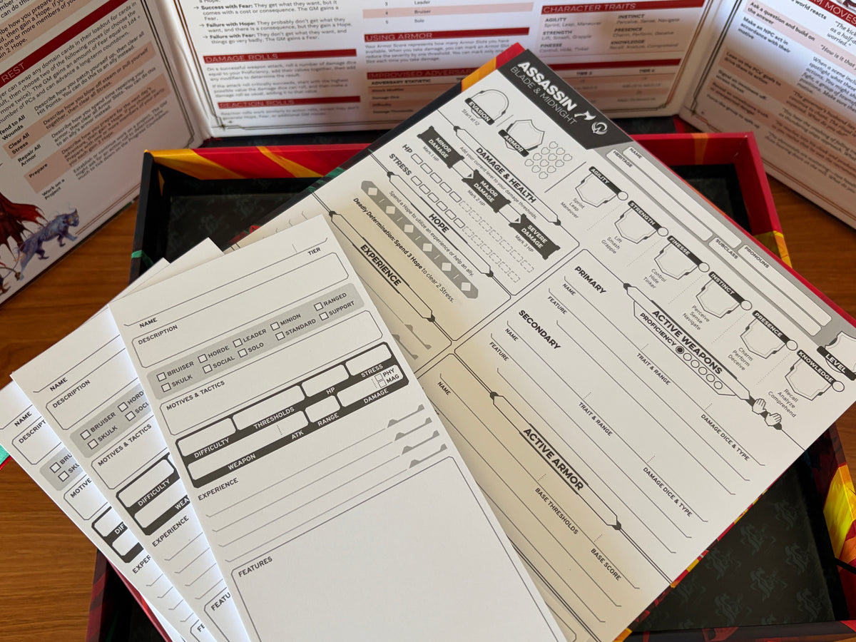 Character sheets included with the Daggerheart Hope & Fear Deluxe Edition expansion.