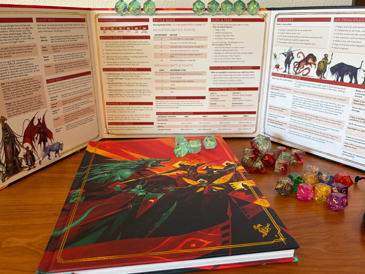 Daggerheart Hope & Fear Deluxe Edition rulebook displayed with the deluxe GM screen, Fear Trackers, and colorful premium dice.