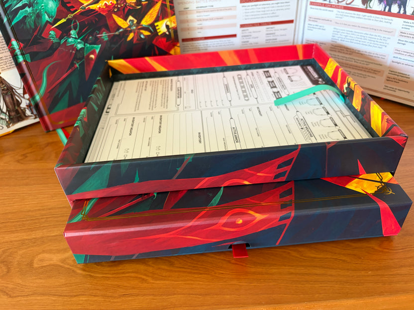 Collector's storage box and drawer from the Daggerheart Hope & Fear Deluxe Edition designed to organize character sheets and accessories.