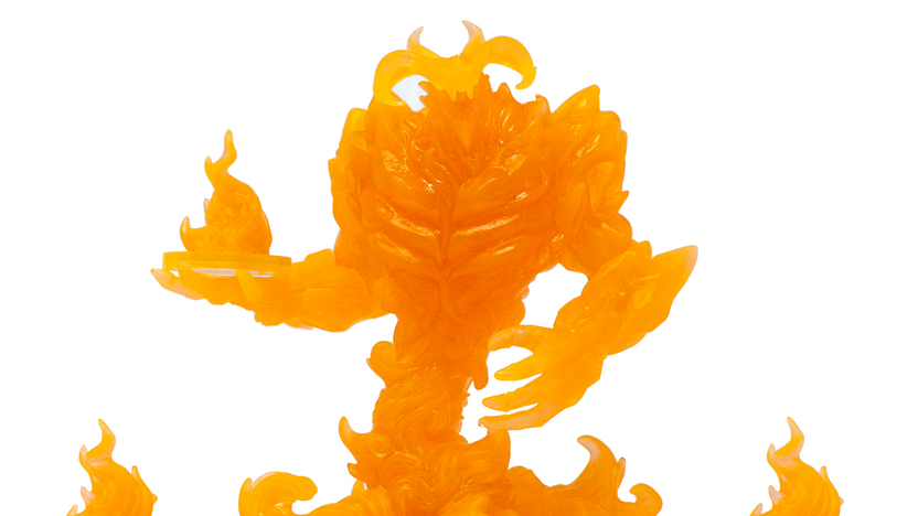Humblewood Mini Aspect of Fire, 4x4 figure translucent orange, includes three fireball miniatures, tabletop RPG accessory, full color resin mini, collectible board game mini
