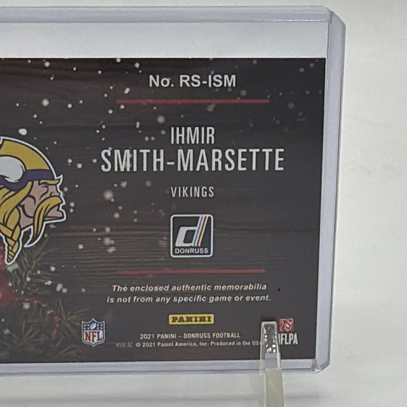 Detail of the back of Ihmir Smith-Marsette Rookie Holiday Sweaters memorabilia card #RS-ISM