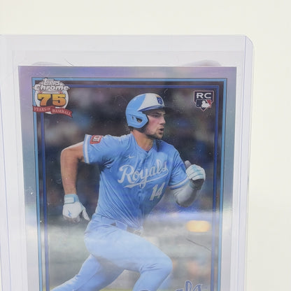 Close-up of the upper portion of a 2026 Topps Chrome Jac Caglianone 75th Anniversary Refractor rookie card showing the Topps Chrome 75 Years logo, RC shield, and player portrait.