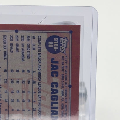 Close-up of the upper back of the 2026 Topps Chrome Jac Caglianone Rookie Card showing player name, Kansas City Royals designation, and Topps card number 91CB-20.