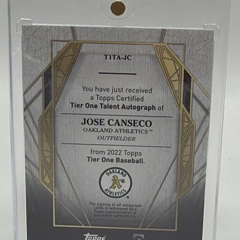 Reverse detail of Jose Canseco 2022 Topps Tier One Talent autograph card