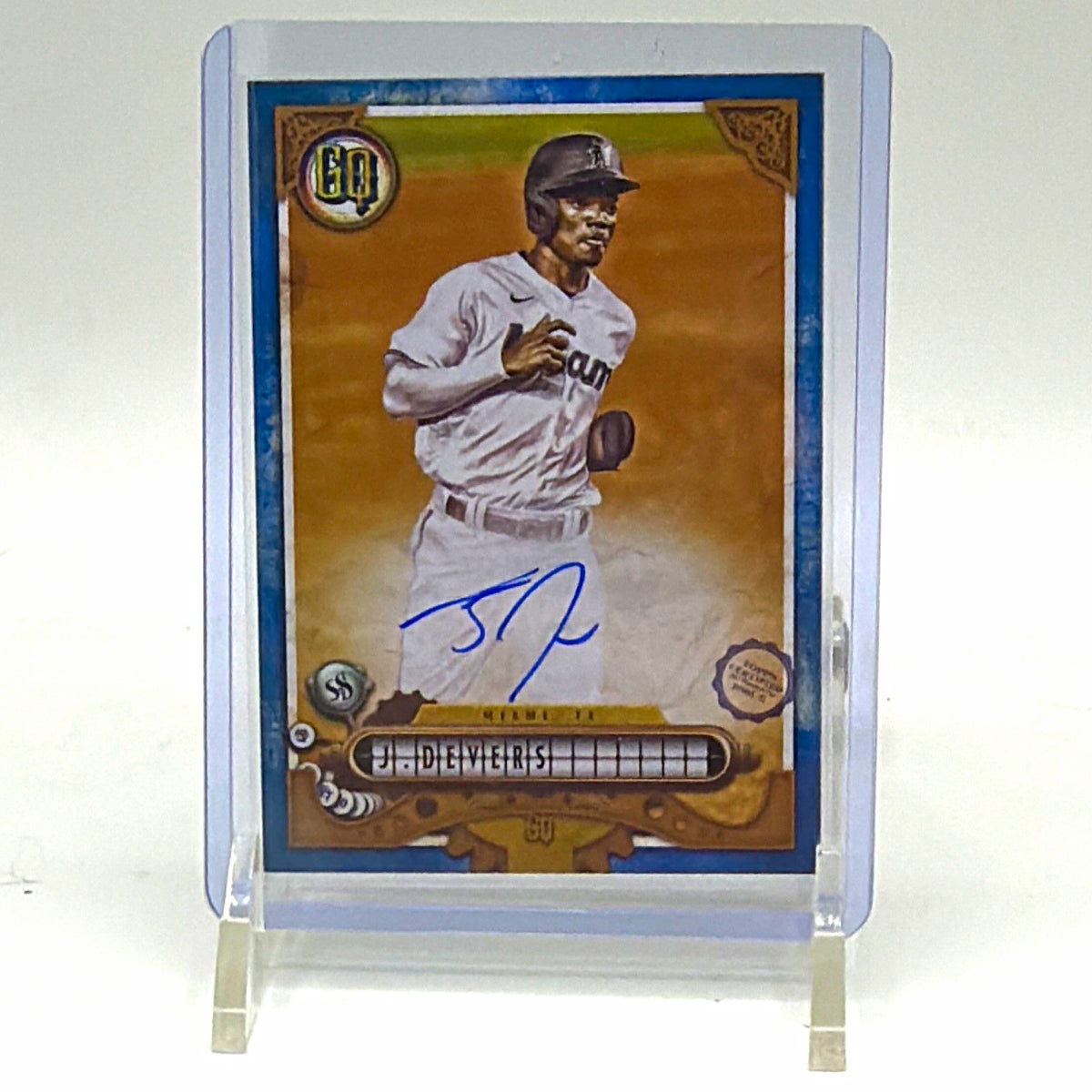 Front of 2022 Topps Gypsy Queen Jose Devers Indigo autograph card #GQA-JDE featuring Miami Marlins uniform and blue-ink signature