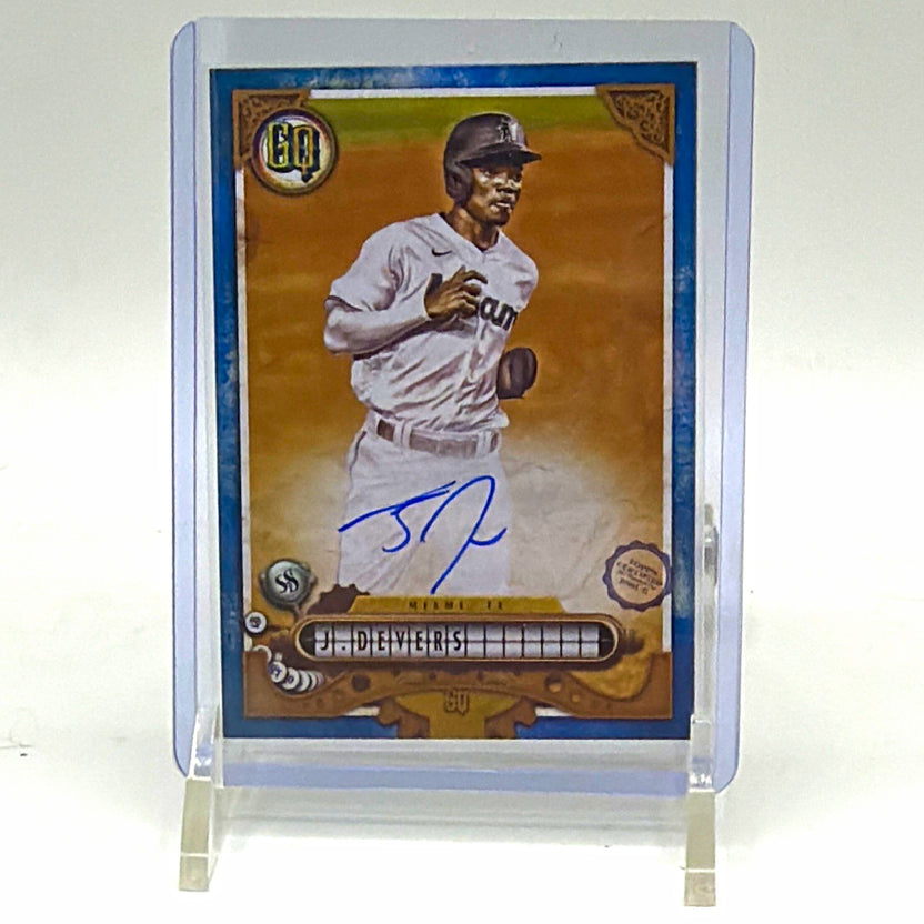 Front of 2022 Topps Gypsy Queen Jose Devers Indigo autograph card #GQA-JDE featuring Miami Marlins uniform and blue-ink signature