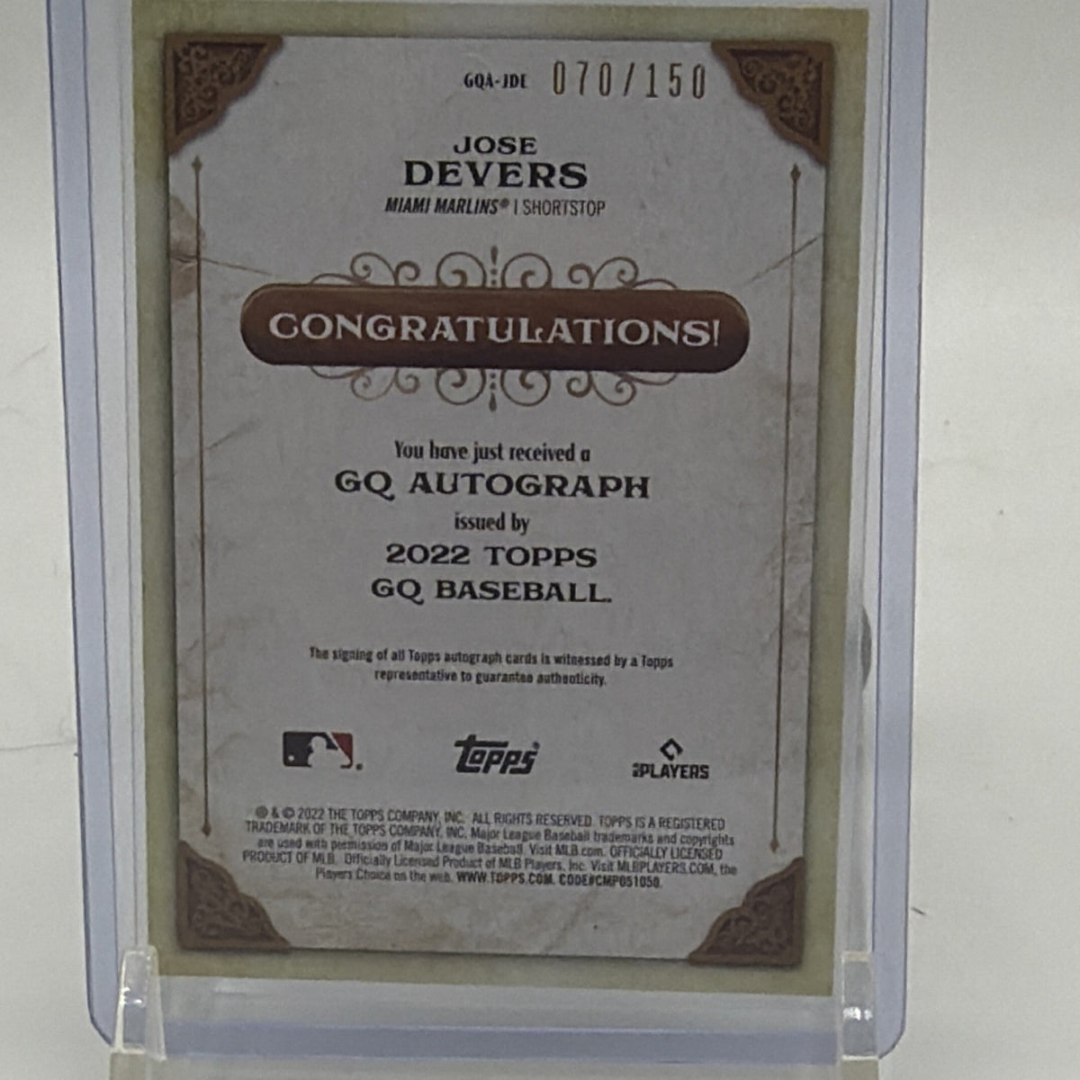 Reverse of 2022 Topps Gypsy Queen Jose Devers Indigo autograph card showing Topps autograph certification