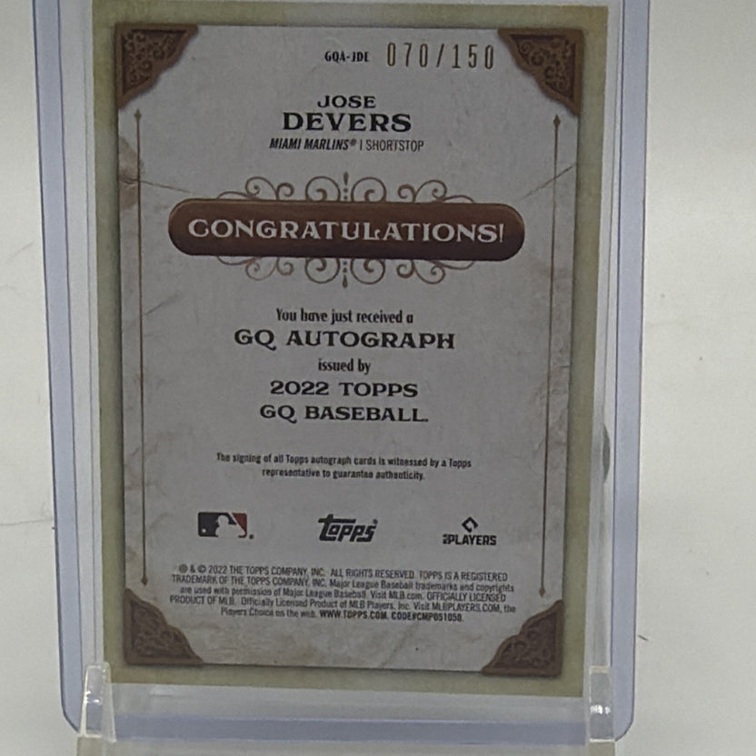 Reverse of 2022 Topps Gypsy Queen Jose Devers Indigo autograph card showing Topps autograph certification