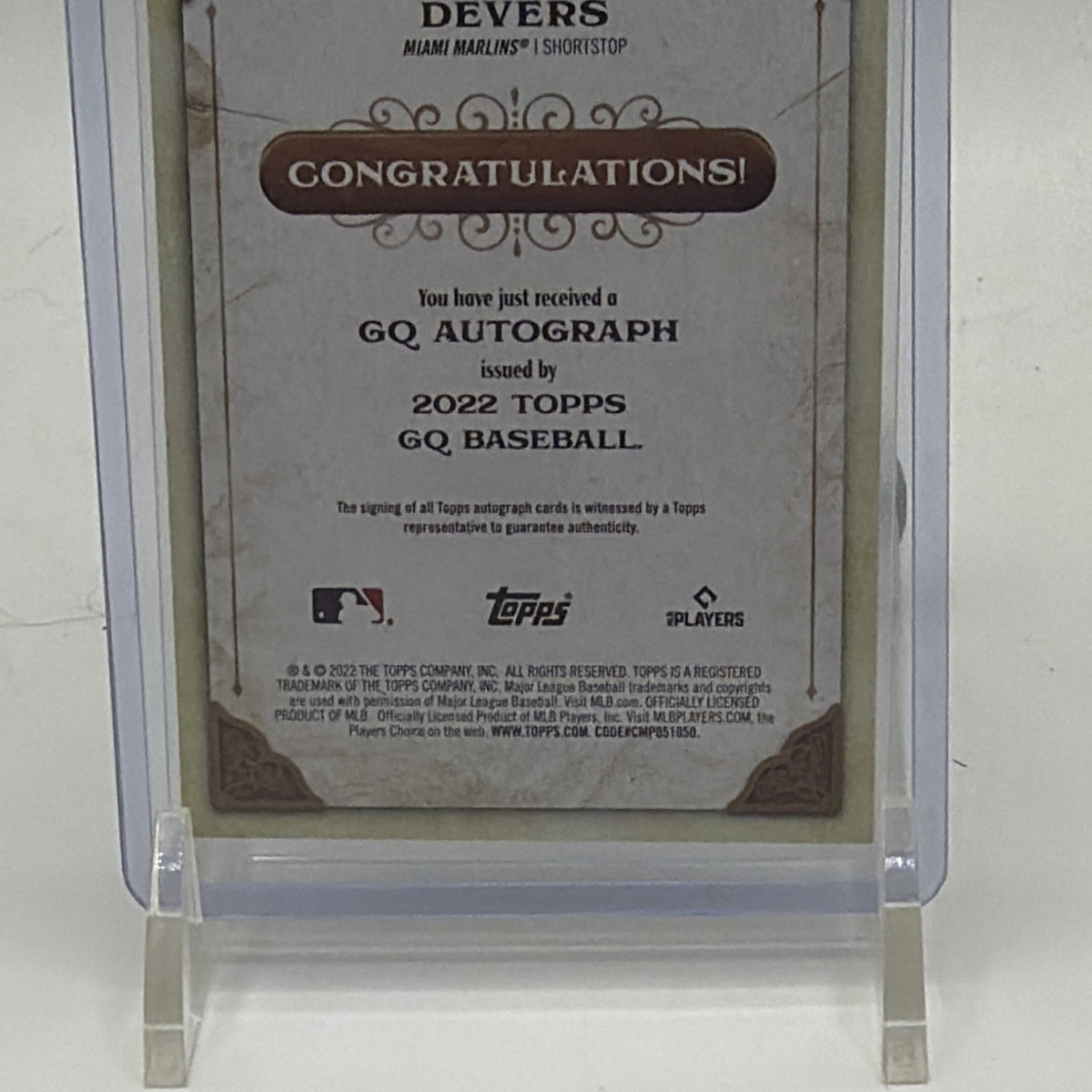 Back of Jose Devers Gypsy Queen autograph card featuring congratulations message and card information