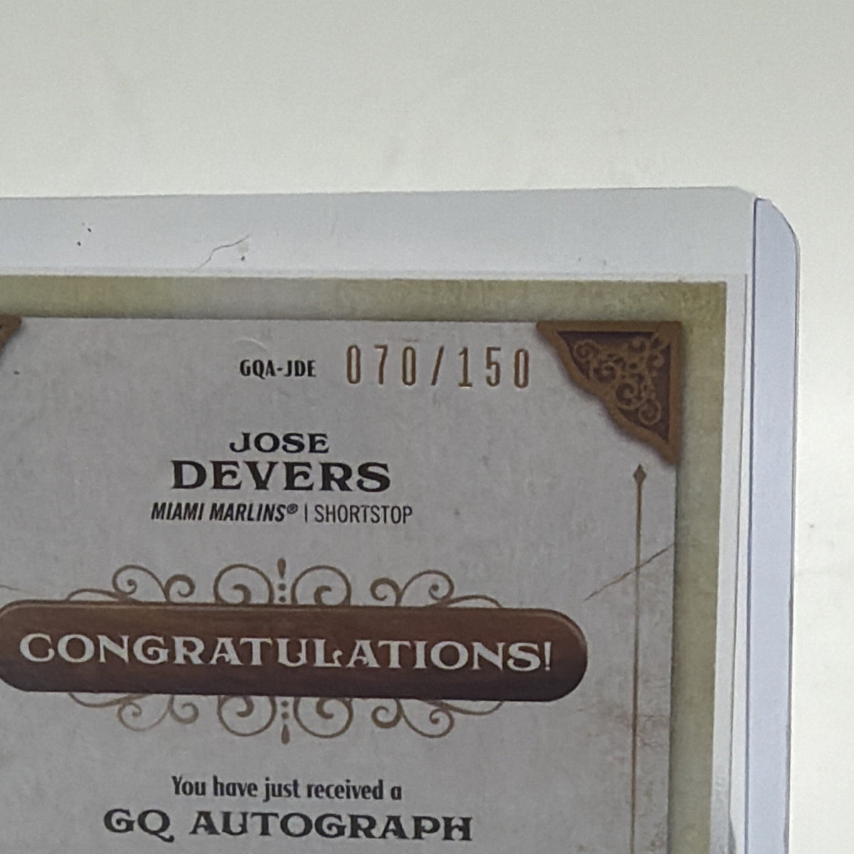 Close-up of serial number 070/150 on 2022 Topps Gypsy Queen Jose Devers Indigo autograph card