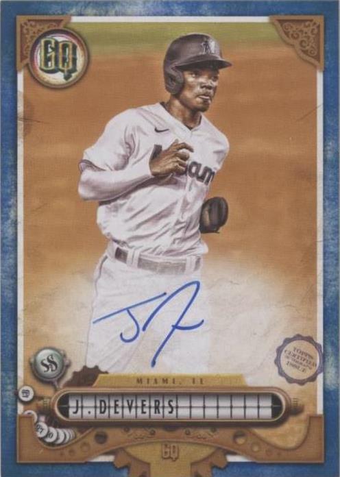Detailed front view of Jose Devers blue-ink autograph and indigo-bordered 2022 Gypsy Queen baseball card