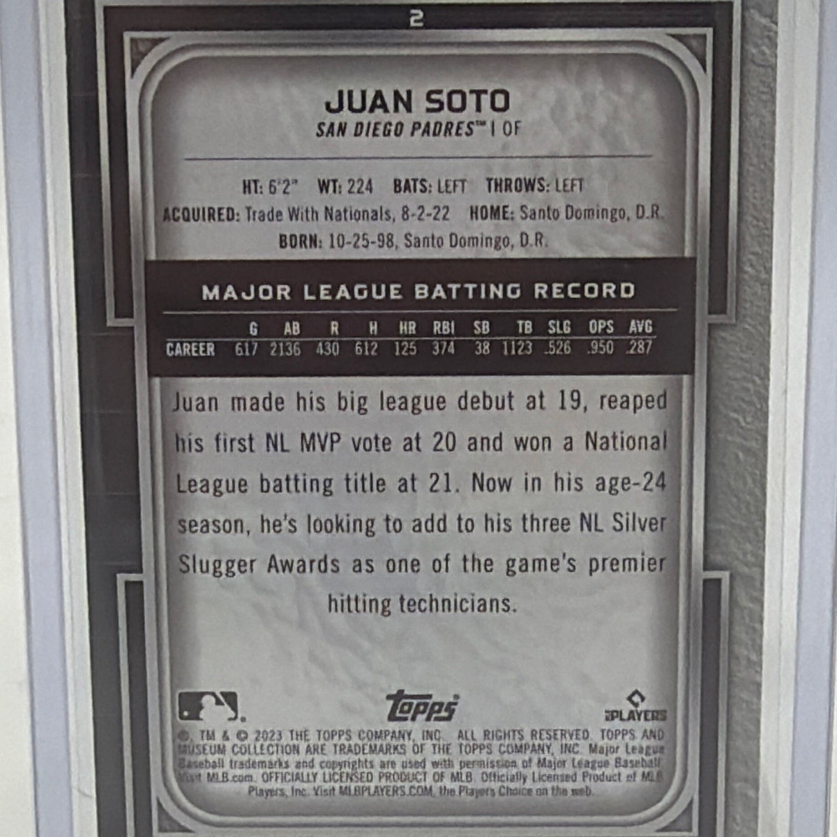 Full front view of Juan Soto 2023 Topps Museum Collection #2 Amethyst parallel numbered 69/99