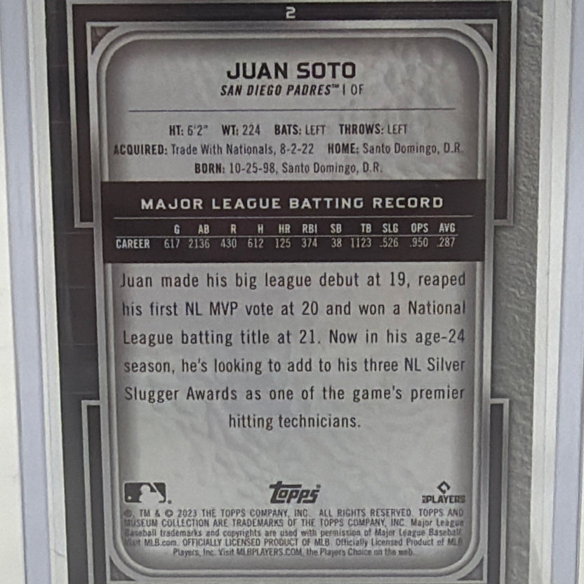 Full front view of Juan Soto 2023 Topps Museum Collection #2 Amethyst parallel numbered 69/99