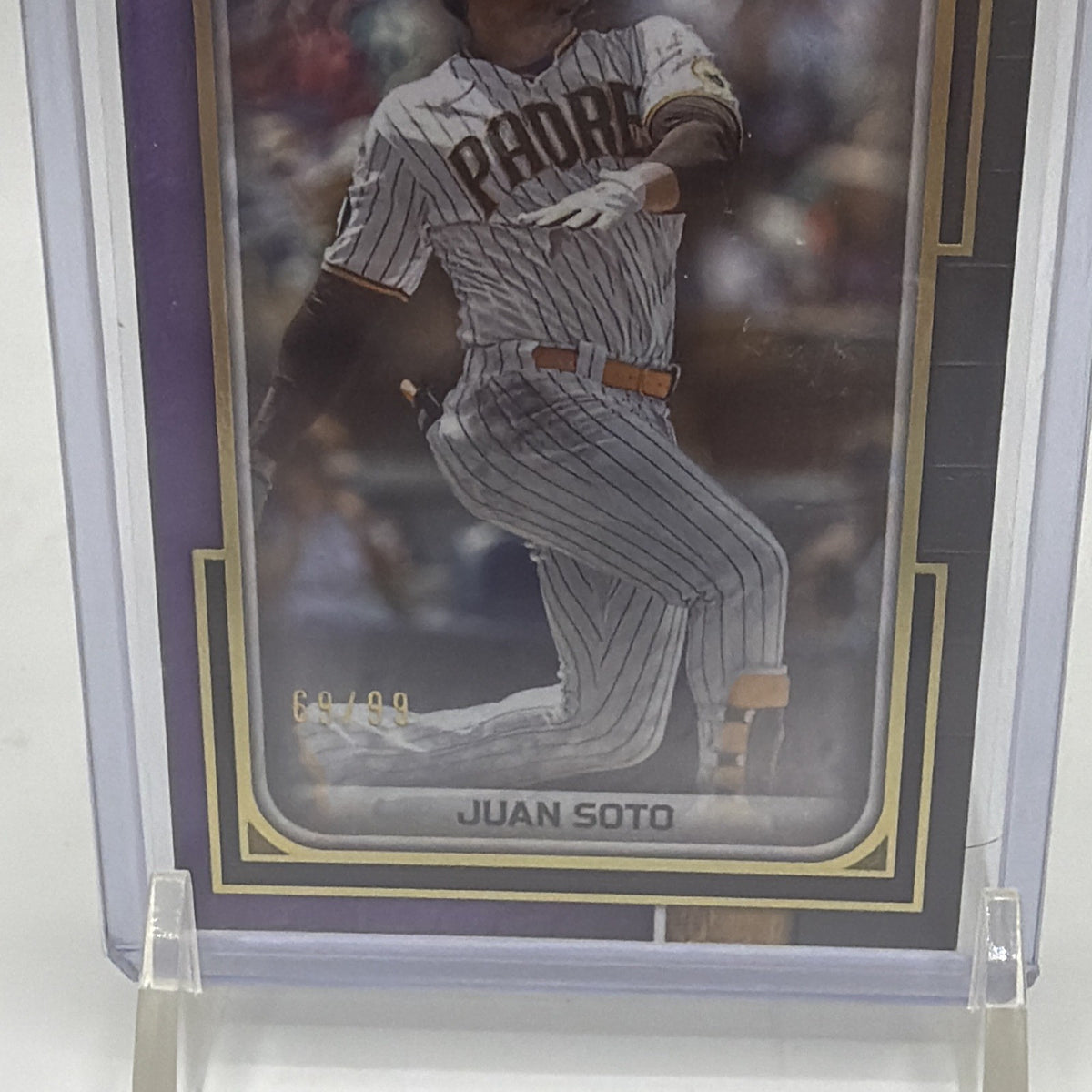 Close-up of Juan Soto on the 2023 Museum Collection Amethyst #2 for the San Diego Padres