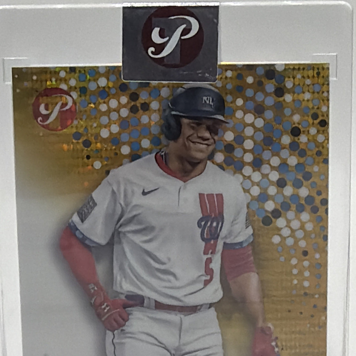 Close-up of Juan Soto #288 Gold Pristine Refractor for the Washington Nationals