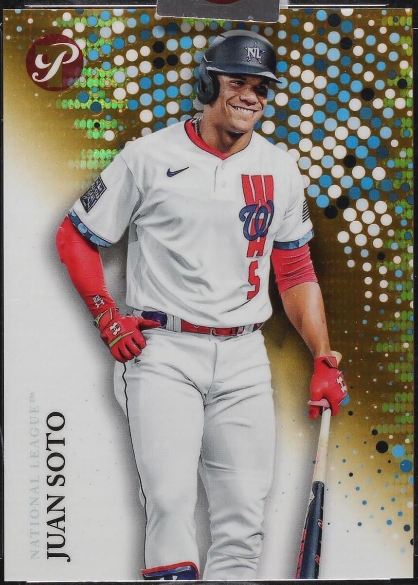 Close-up of Juan Soto #288 Gold Pristine Refractor for the Washington Nationals