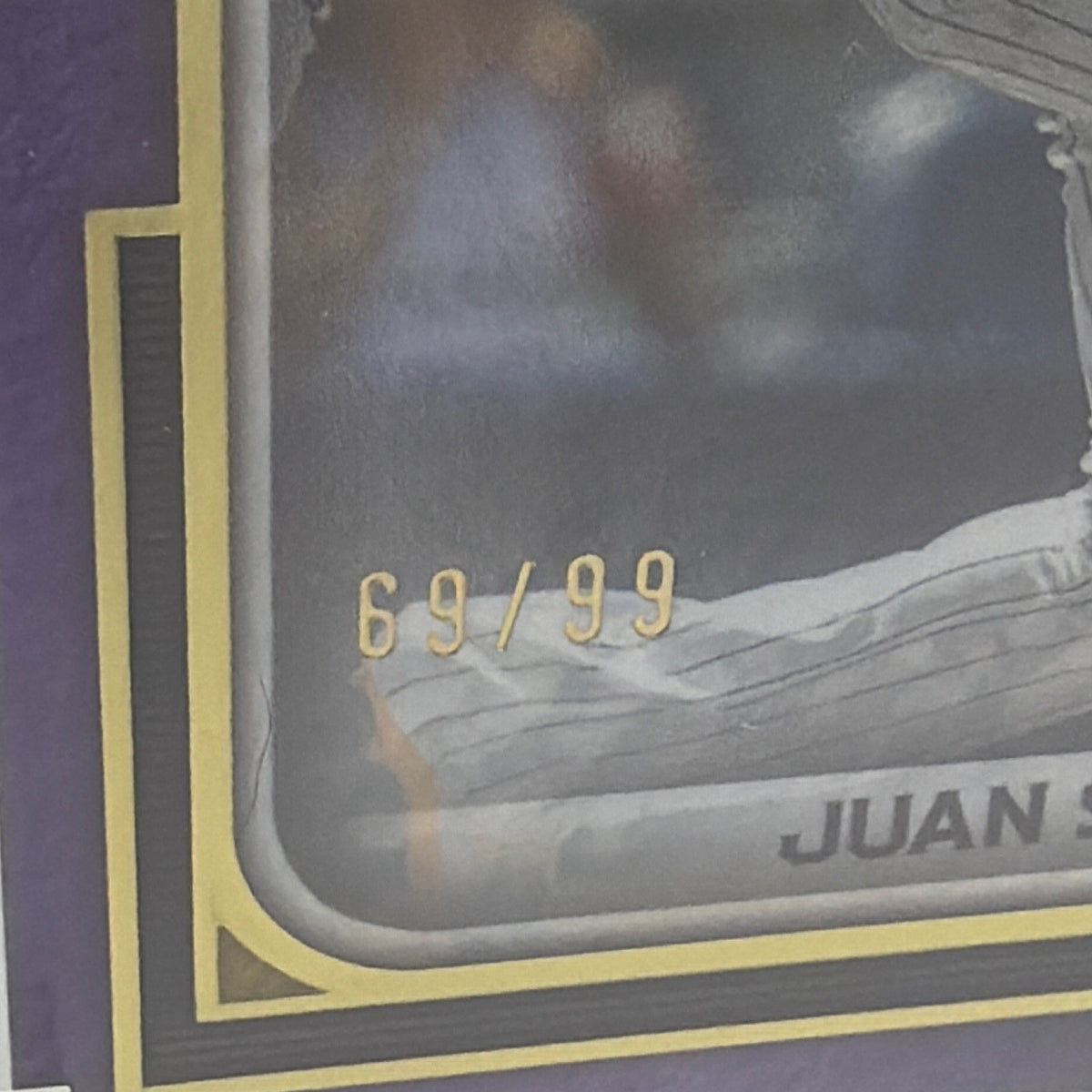 Close-up of the 69/99 numbering on Juan Soto 2023 Museum Collection Amethyst #2