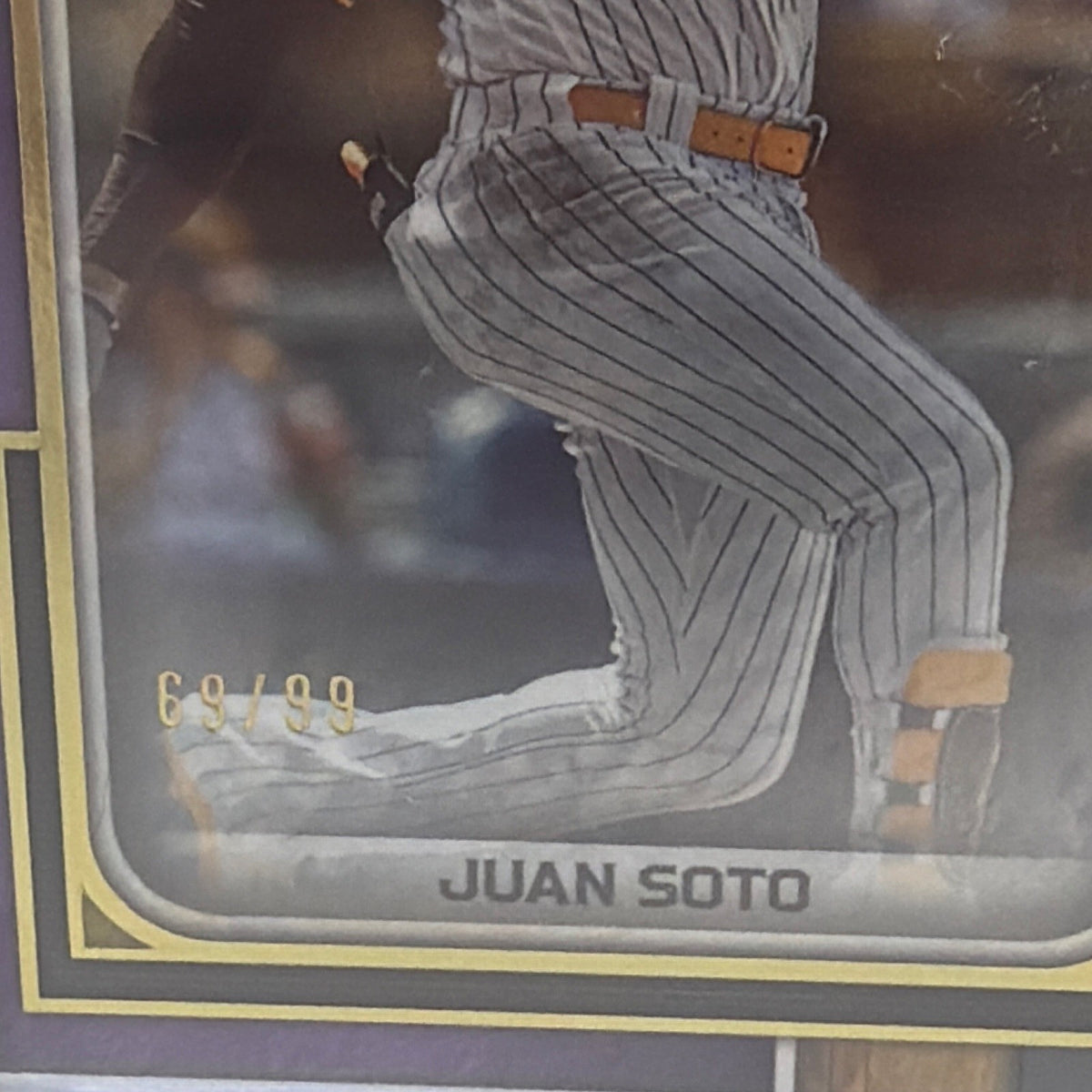 Detail of Juan Soto Amethyst parallel showing the 69/99 serial number