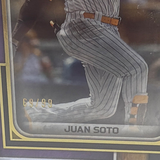 Detail of Juan Soto Amethyst parallel showing the 69/99 serial number