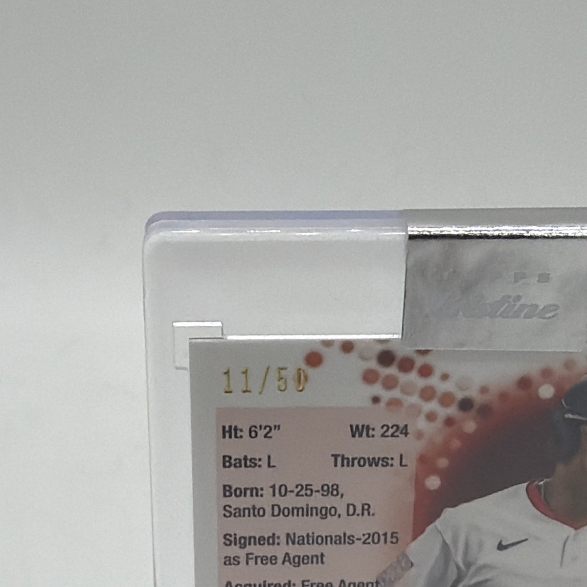 Detail of the back of Juan Soto #288 Gold Pristine Refractor numbered to 50