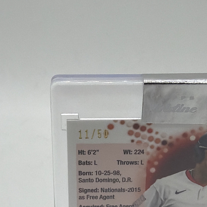 Detail of the back of Juan Soto #288 Gold Pristine Refractor numbered to 50
