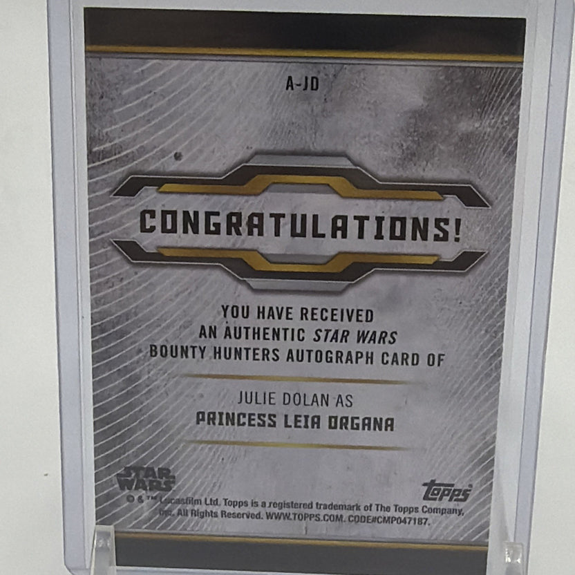 Detail of the back of Julie Dolan Princess Leia Organa autograph card #A-JD
