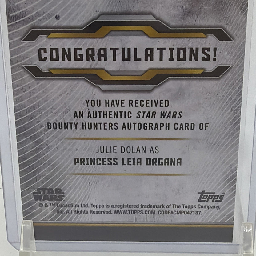 Detail of the back of Julie Dolan Princess Leia Organa autograph card #A-JD
