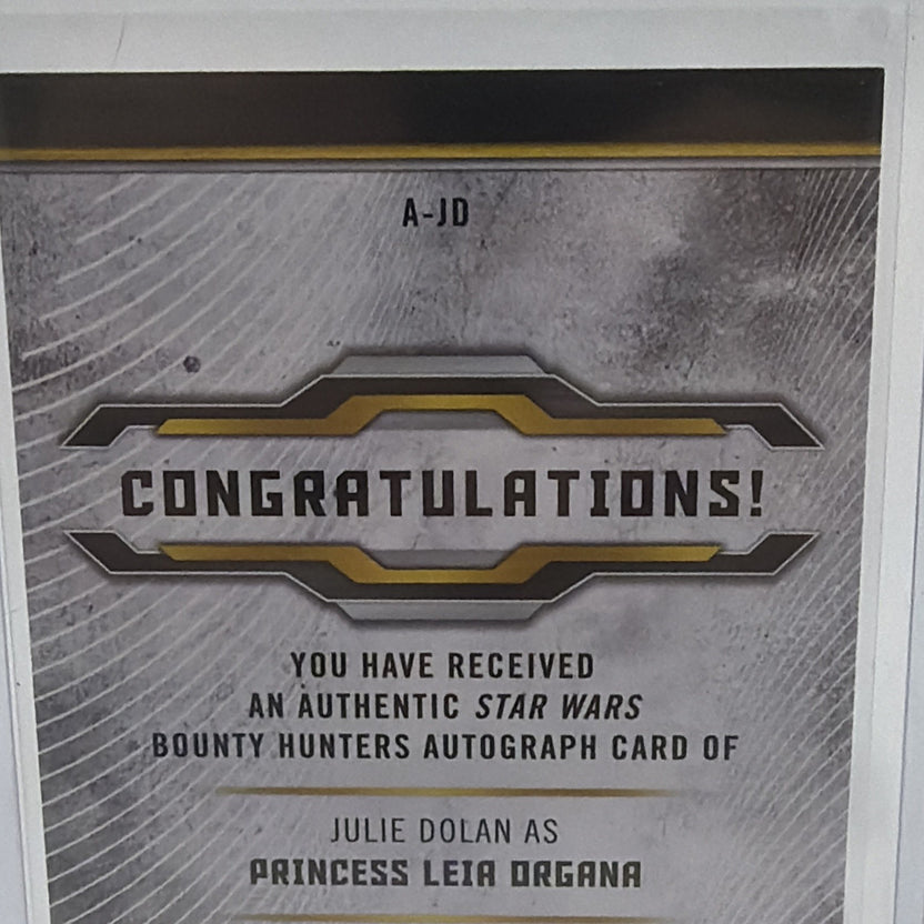 Detail of the back of Julie Dolan Princess Leia Organa autograph card #A-JD