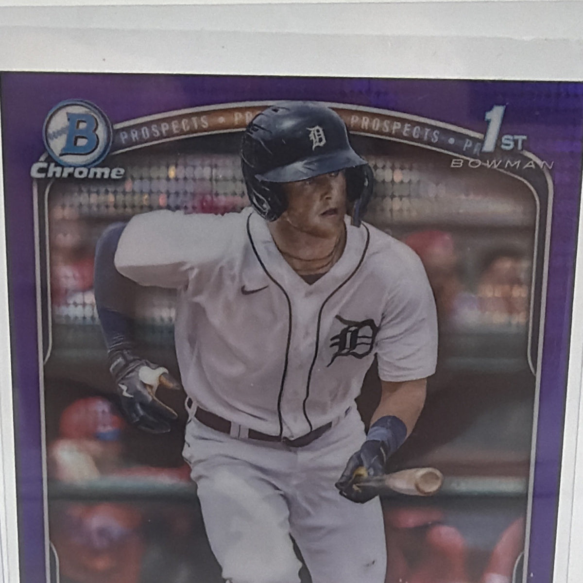 Front detail of Justice Bigbie 2025 Bowman Chrome 1st Bowman Purple Pulsar