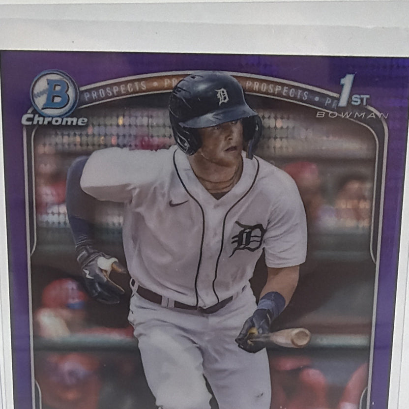 Front detail of Justice Bigbie 2025 Bowman Chrome 1st Bowman Purple Pulsar