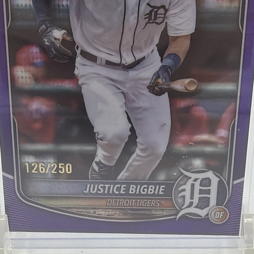 Close-up of Justice Bigbie Bowman Chrome #BCP-215 showing the Purple Pulsar finish and 126/250 numbering