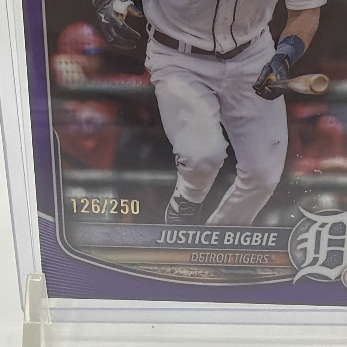 Detail of Justice Bigbie Purple Pulsar #BCP-215 showing the 126/250 serial number