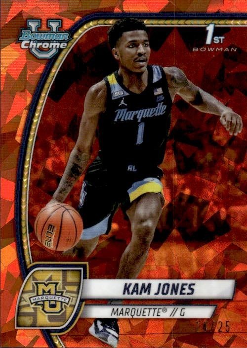 Reference image of Kam Jones 2024-25 Bowman Chrome University #39 Orange Reptilian Refractor numbered 9/25