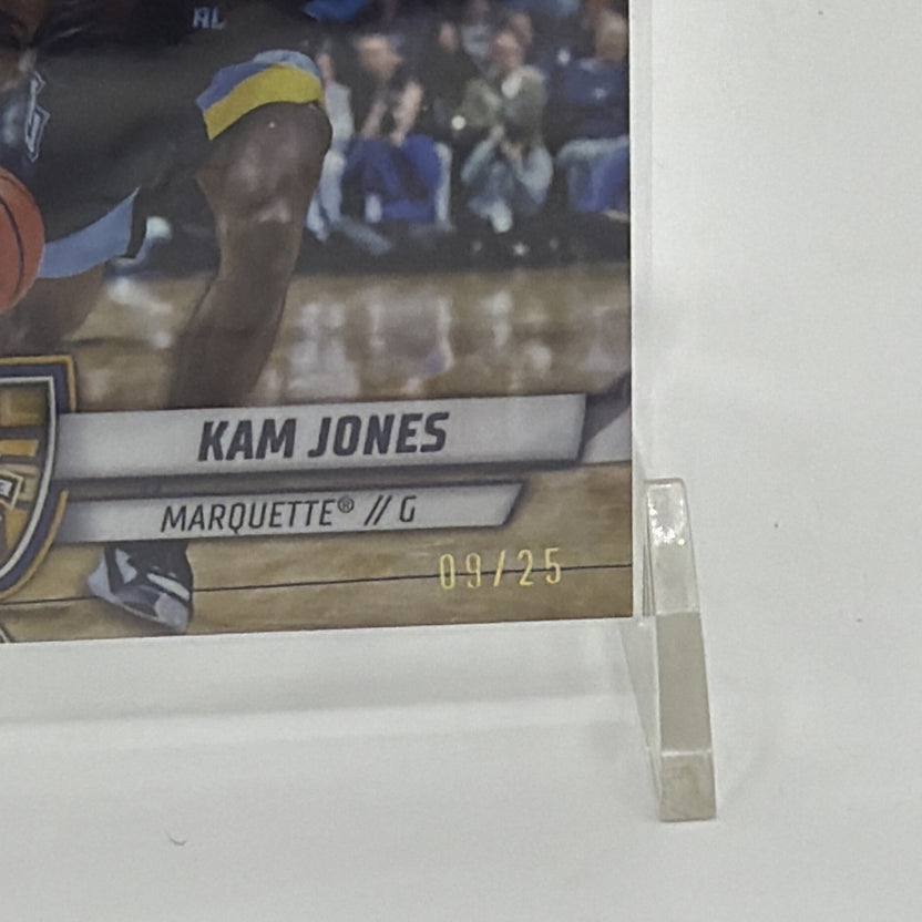 Angled view showing the front numbering of Kam Jones Orange Reptilian Refractor #39 numbered 9/25