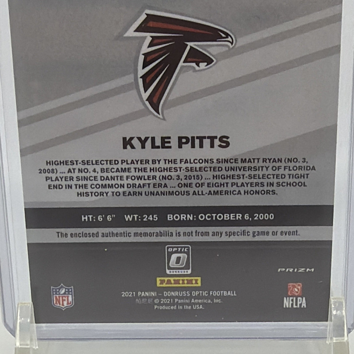 Back view of Kyle Pitts 2021 Donruss Optic Rookie Phenoms memorabilia card