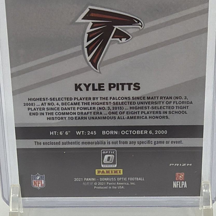 Back view of Kyle Pitts 2021 Donruss Optic Rookie Phenoms memorabilia card