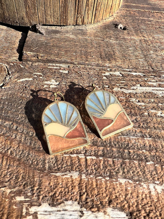 landscape earrings, stained glass resin earrings, brass dangle earrings, scenic jewelry, nature-inspired earrings, lightweight art earrings, resin landscape earrings, handmade artisan jewelry, mountain earrings, modern boho earrings, everyday statement earrings, brass resin earrings, outdoor-inspired jewelry, travel gift for her, handcrafted nature earrings, colorful dangle earrings, adventure jewelry, gift for hikers, scenic mountain earrings, Rogue & Rye accessories
